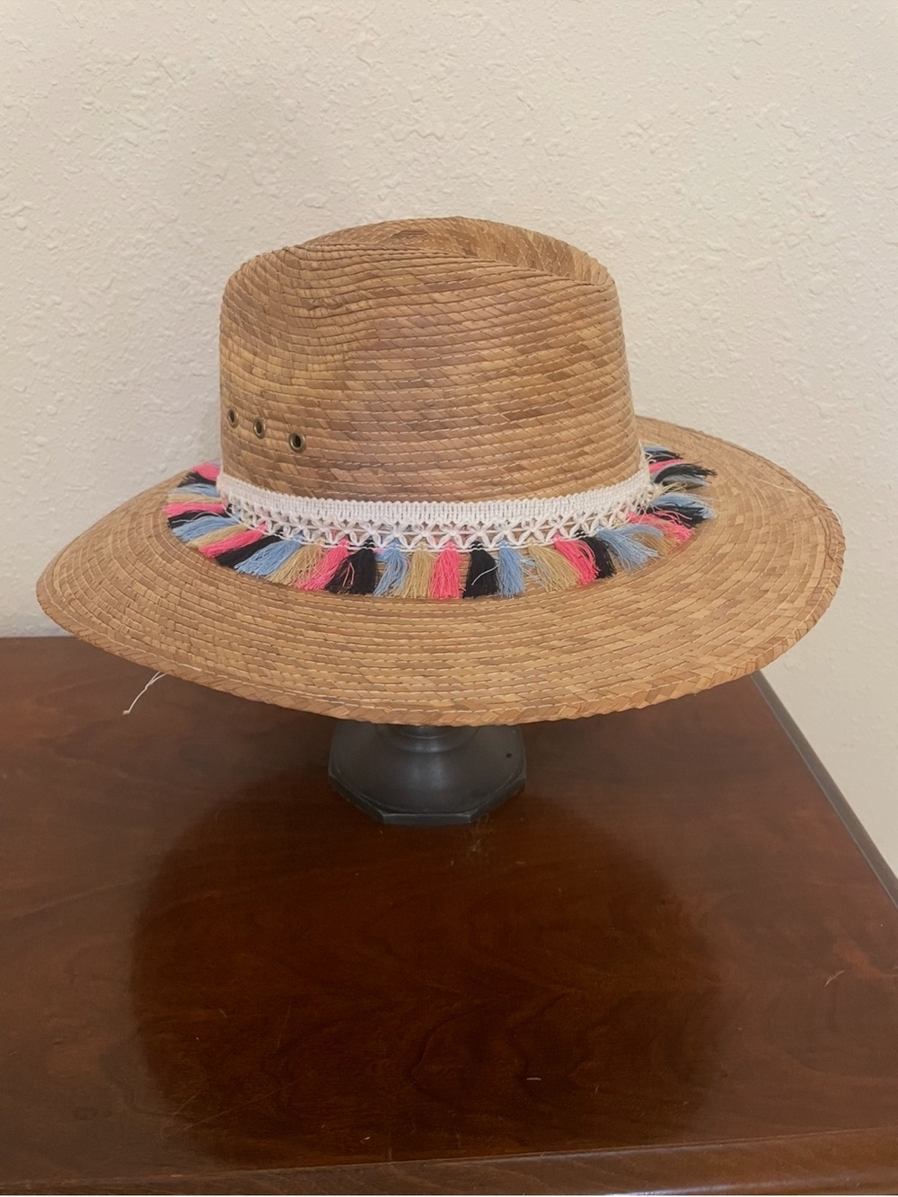 Straw Fedora Hat with Multicolor Tassel Trim